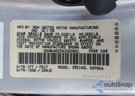2010 Toyota Corolla S from USA, damaged, VIN 1NXBU4EE5AZ320851